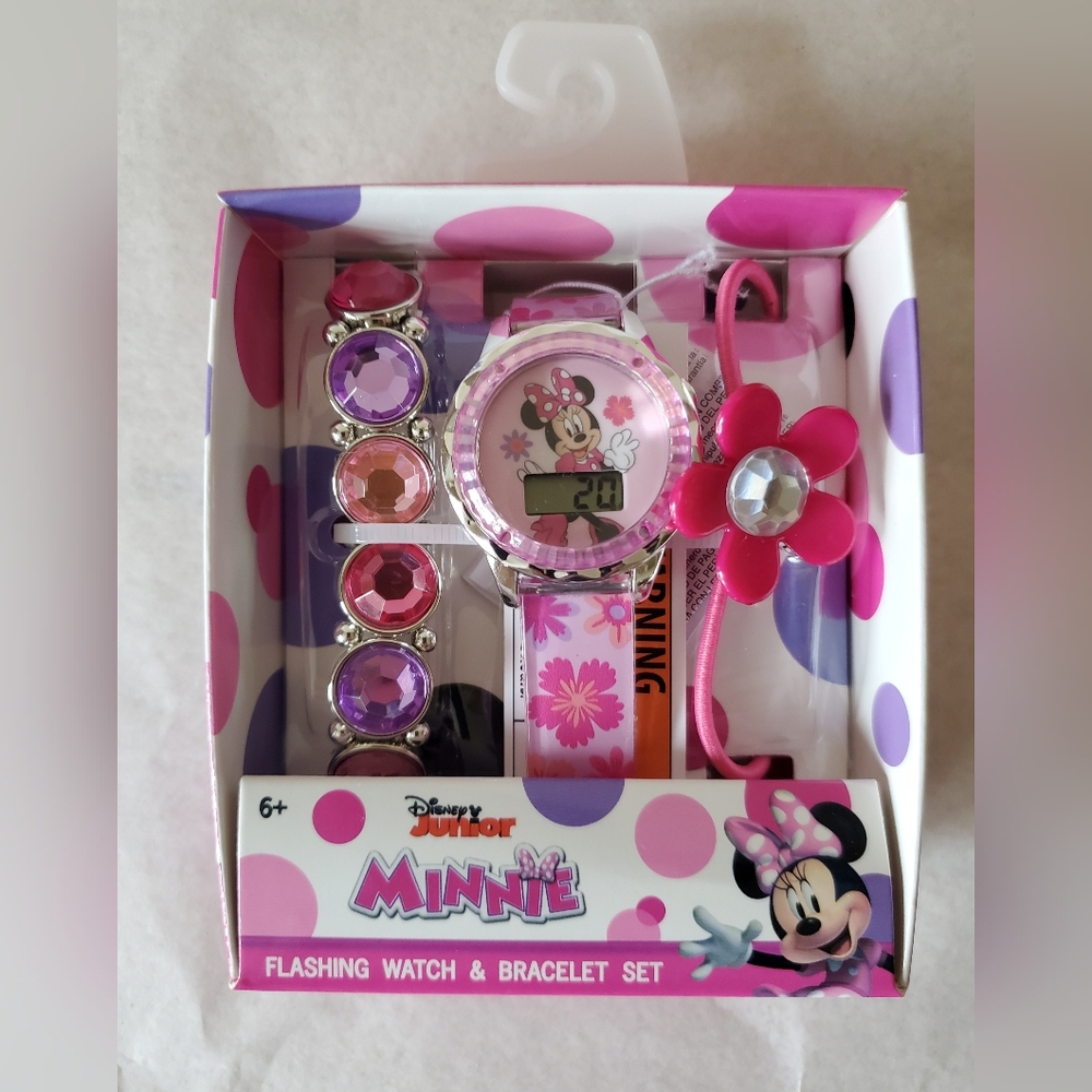 Disney Minnie Mouse Girls Flashing LCD Watch, Bracelet, and Hair Accessory New